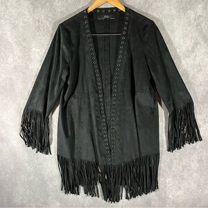 Zara Faux Suede Fringe Jacket Women Medium M Black Grommet Collar Open Cardigan